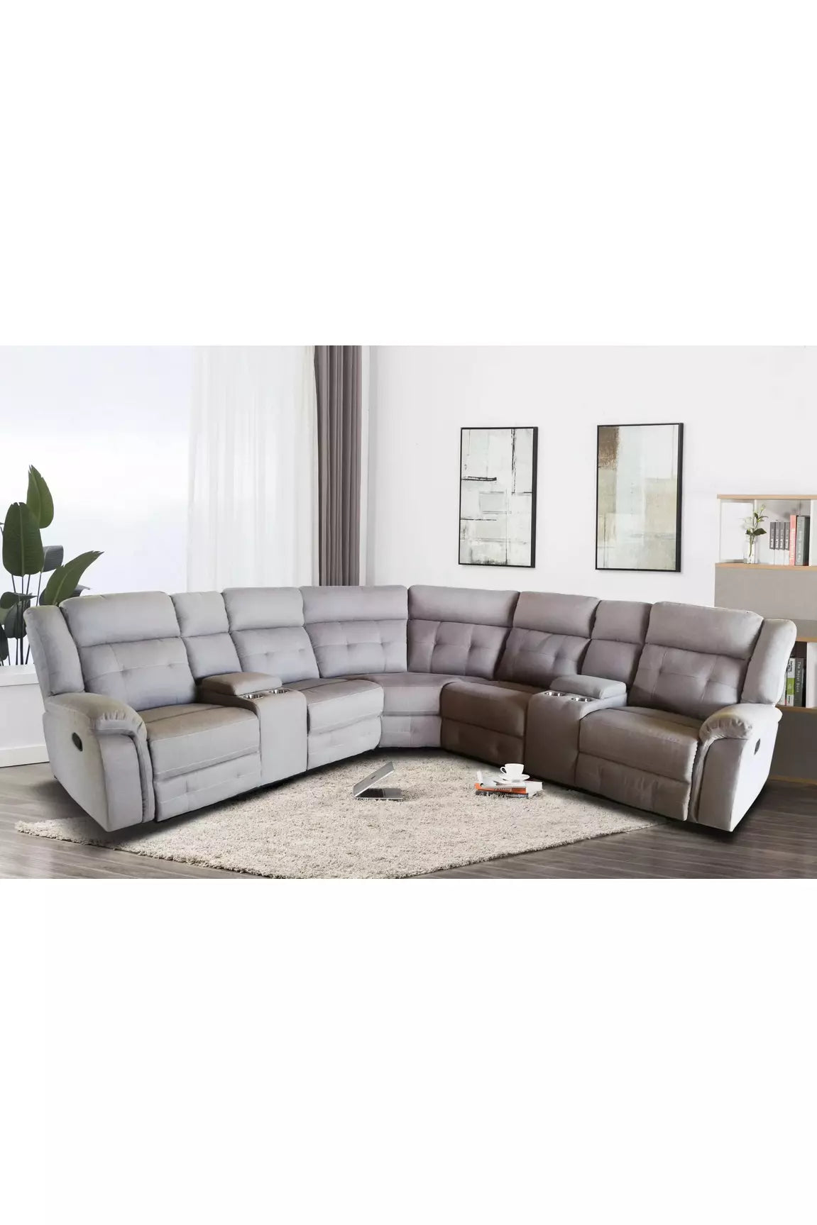 Seccional de tela con 2 consolas y 2 sillones reclinables