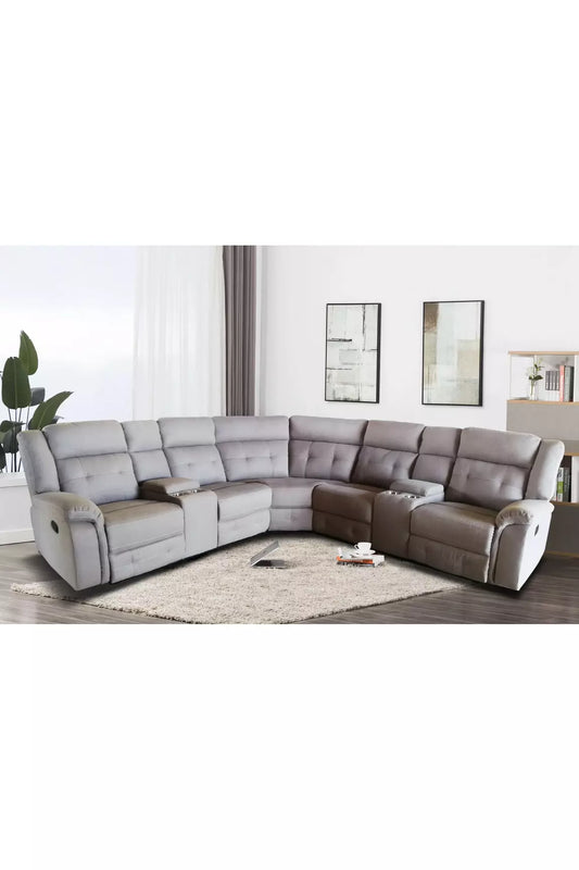 Seccional de tela con 2 consolas y 2 sillones reclinables