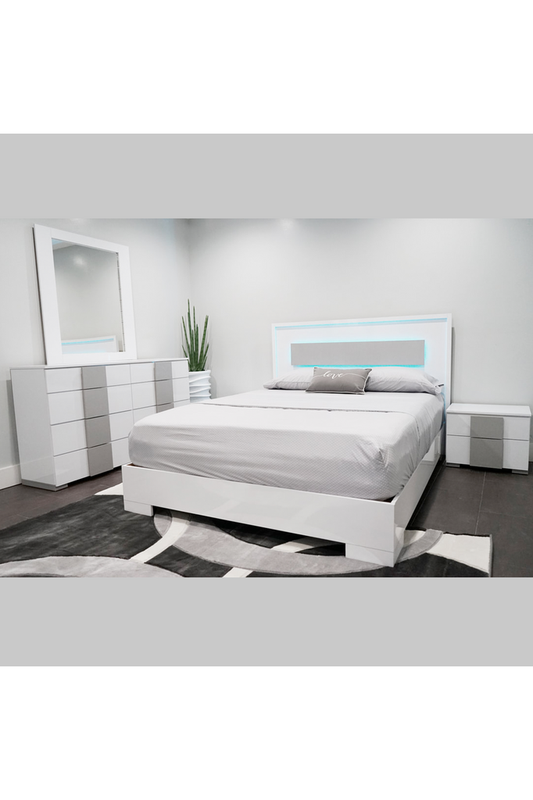 Palermo White Gloss &amp; Silver Accent Queen Juego de dormitorio de 5 piezas