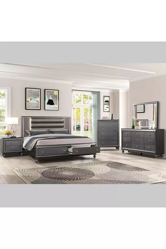 Queen bed Gray LED Bedroom set with Footboard Drawers