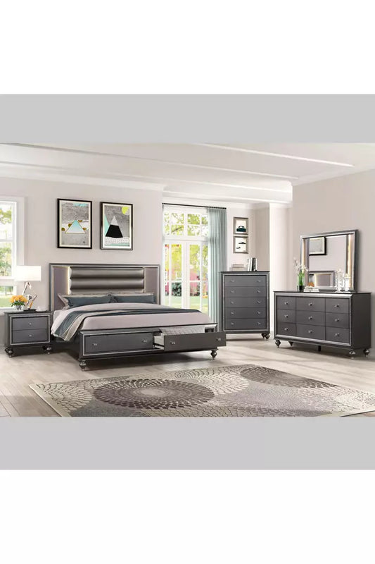 Juego de dormitorio LED gris con cama Queen y cajones con pie de cama